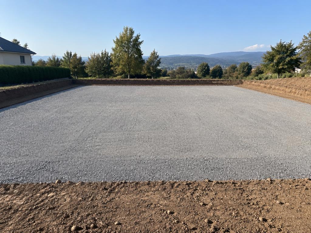 Plateforme nivelée et compactée après terrassement en Isère
