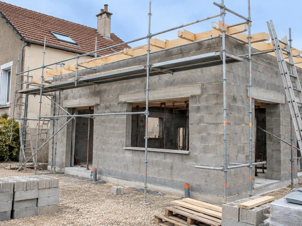 Extension maçonnée d'une maison avec ouvertures et linteaux, Isère