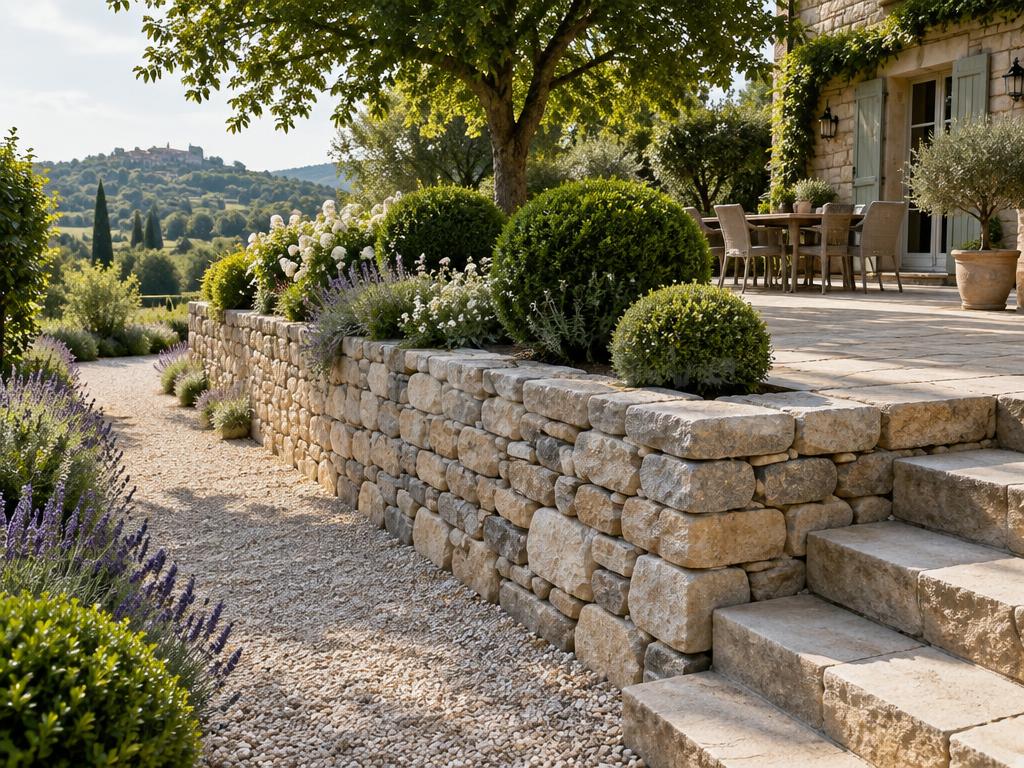 Muret en pierre et terrasse dallée, aménagement extérieur près de Grenoble